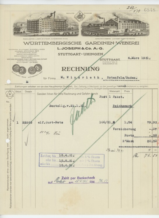 Firma M. Winzrieth (Kaufhaus)an Württembergische Gardinen-Weberei- Rechnung - 04.03.1931