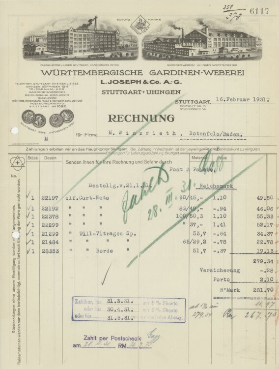 Firma M. Winzrieth (Kaufhaus)an Württembergische Gardinen-Weberei- Rechnung - 16.02.1931
