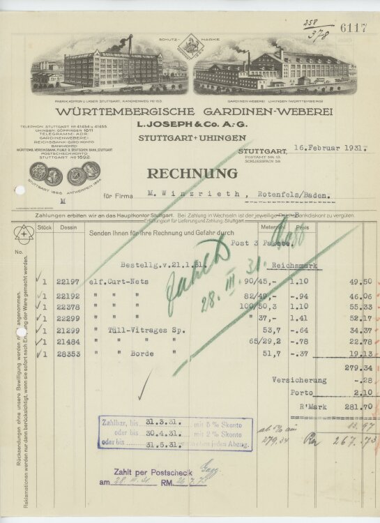 Firma M. Winzrieth (Kaufhaus)an Württembergische Gardinen-Weberei- Rechnung - 16.02.1931