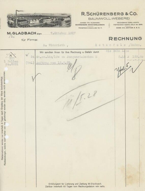 Firma M. Winzrieth (Kaufhaus)an R. Schürenberg & Co.- Rechnung - 07.10.1927