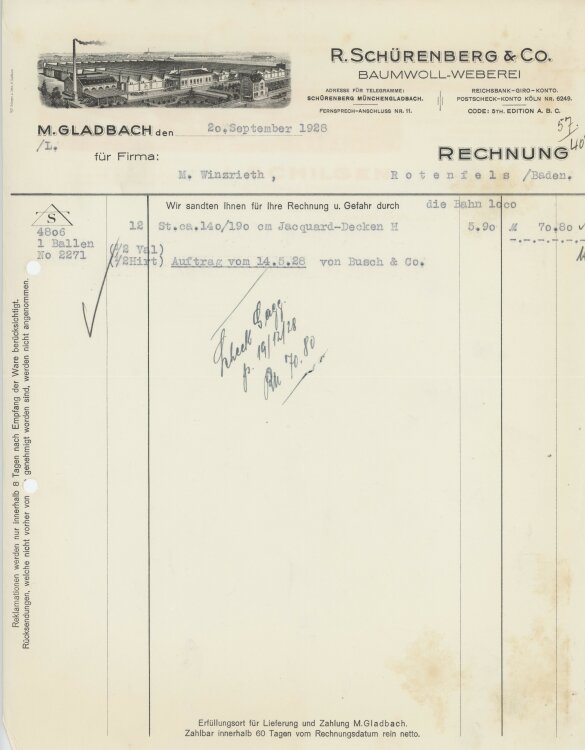 Firma M. Winzrieth (Kaufhaus)an R. Schürenberg & Co.- Rechnung - 20.09.1928