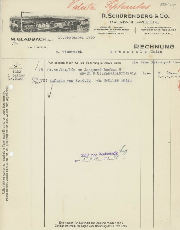 Firma M. Winzrieth (Kaufhaus)an R. Schürenberg & Co.- Rechnung - 15.09.1930