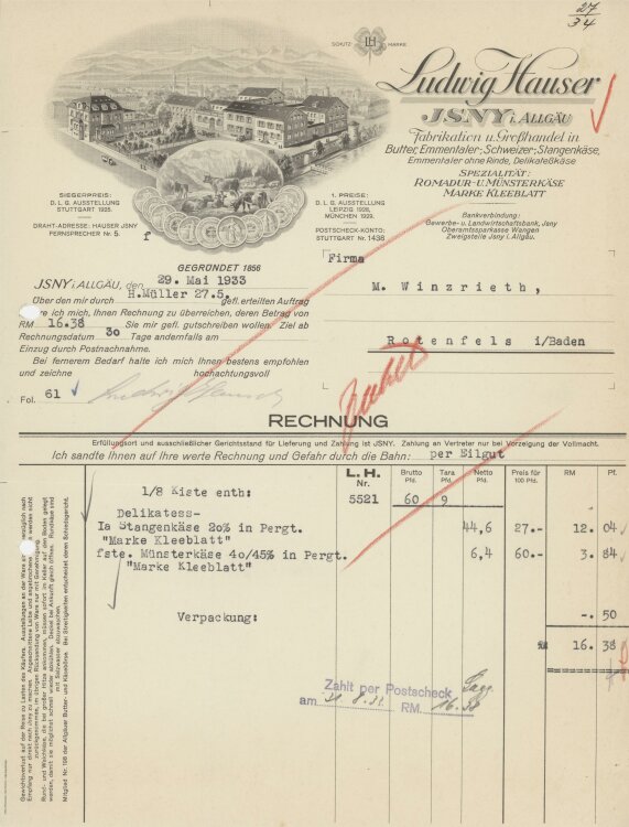 Firma M. Winzrieth (Kaufhaus)an Ludwig Hauser- Rechnung - 29.05.1933