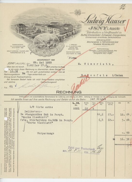 Firma M. Winzrieth (Kaufhaus)an Ludwig Hauser- Rechnung - 29.05.1933