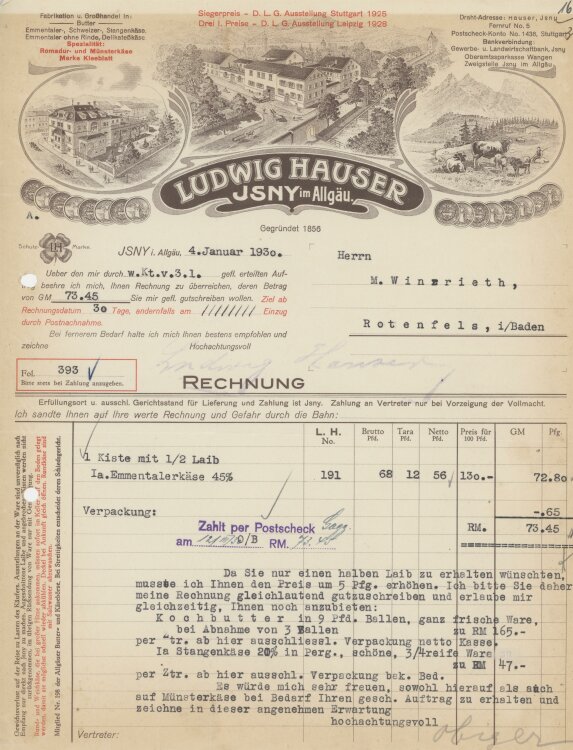 Firma M. Winzrieth (Kaufhaus)an Ludwig Hauser- Rechnung - 04.01.1930