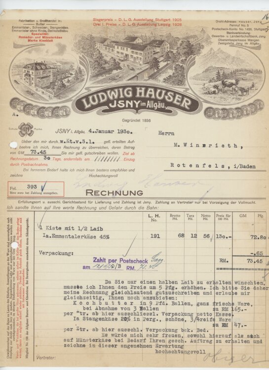 Firma M. Winzrieth (Kaufhaus)an Ludwig Hauser- Rechnung - 04.01.1930