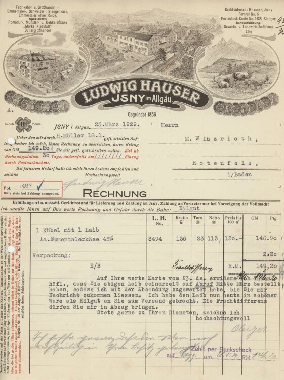 Firma M. Winzrieth (Kaufhaus)an Ludwig Hauser- Rechnung - 25.04.1929