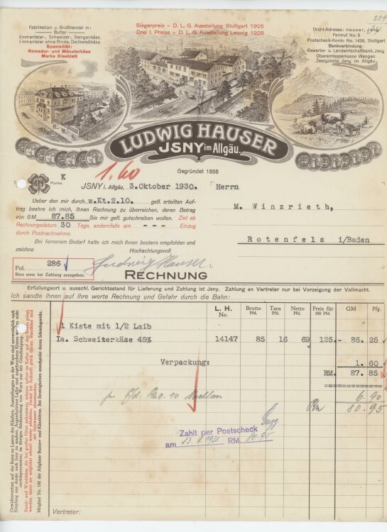 Firma M. Winzrieth (Kaufhaus)an Ludwig Hauser- Rechnung - 03.10.1930