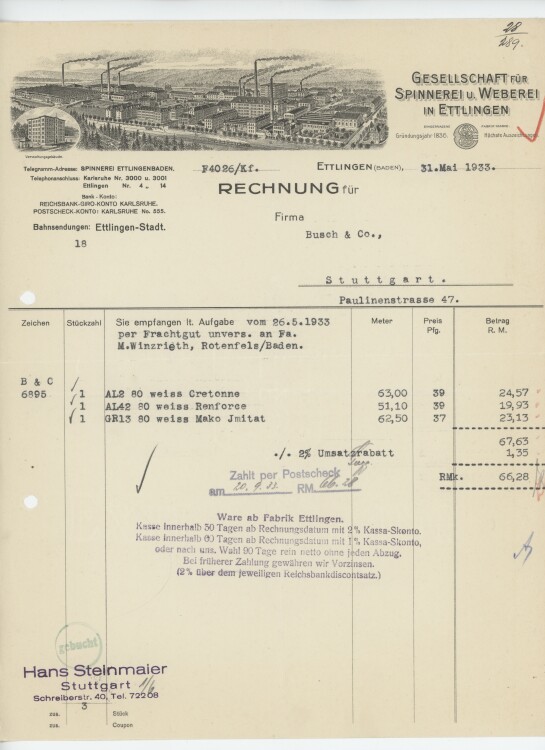 Firma M. Winzrieth (Kaufhaus)an Gesellschaft für Spinnerei und Weberei- Rechnung - 31.05.1933