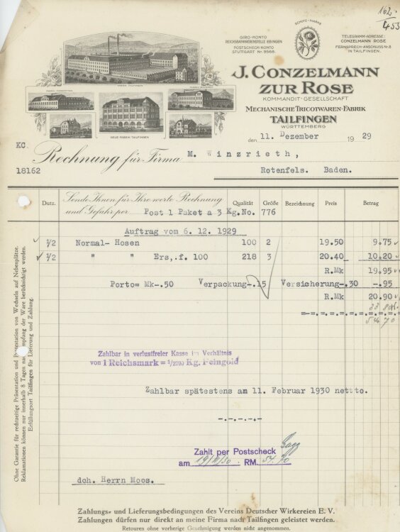 Firma M. Winzrieth (Kaufhaus)an J. Conzelmann zur Rose Kommandit-Gesellschaft- Rechnung - 11.12.1929