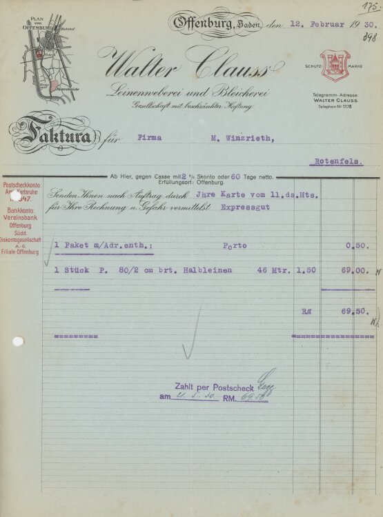 Firma M. Winzrieth (Kaufhaus)an Walter Clauss Leinenweberei und Bleicherei GmbH- Rechnung - 12.02.1930