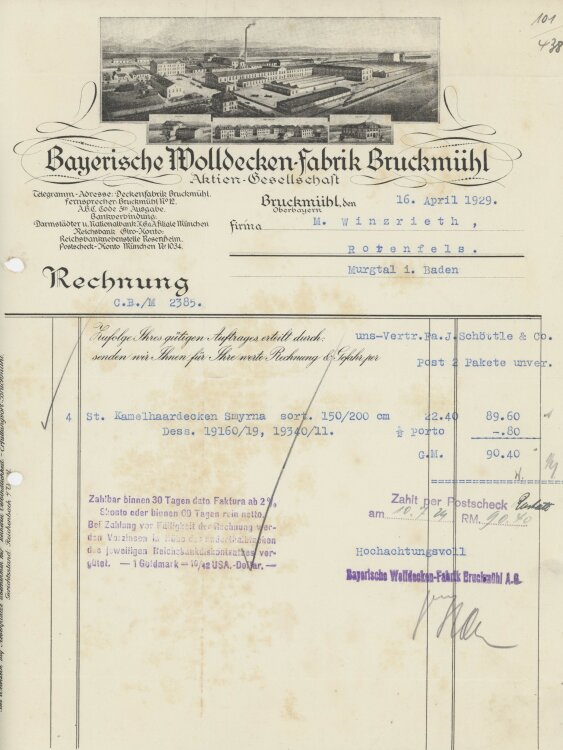 Firma M. Winzrieth (Kaufhaus)an Bayrische Wolldecken-Fabrik AG- Rechnung - 16.04.1929