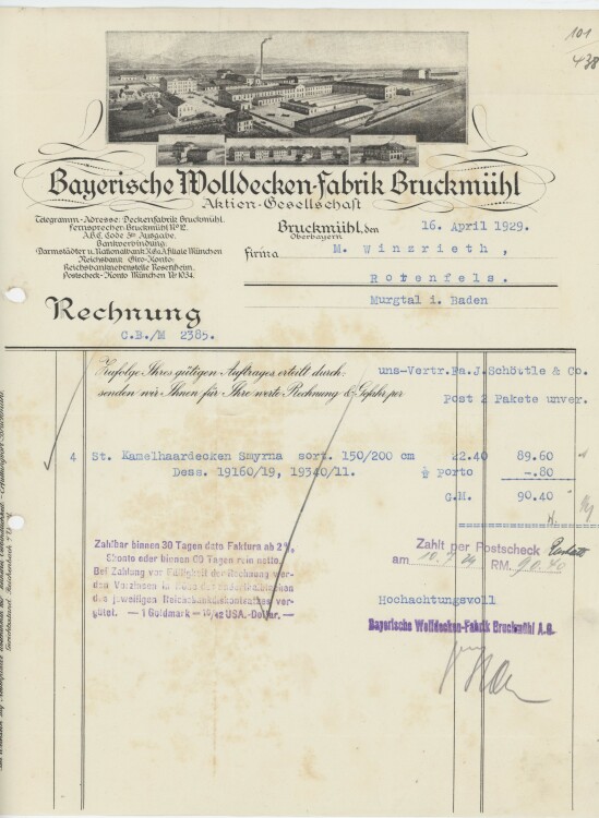Firma M. Winzrieth (Kaufhaus)an Bayrische Wolldecken-Fabrik AG- Rechnung - 16.04.1929