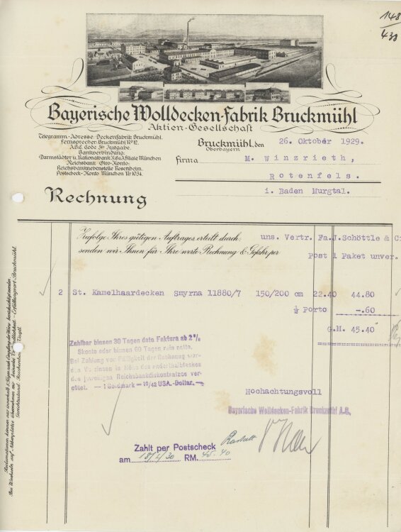 Firma M. Winzrieth (Kaufhaus)an Bayrische Wolldecken-Fabrik AG- Rechnung - 26.10.1929