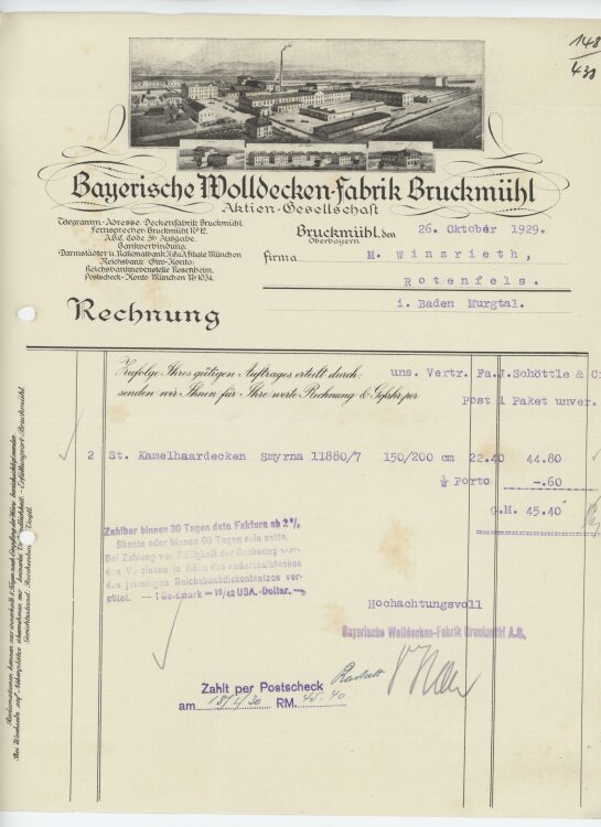 Firma M. Winzrieth (Kaufhaus)an Bayrische Wolldecken-Fabrik AG- Rechnung - 26.10.1929