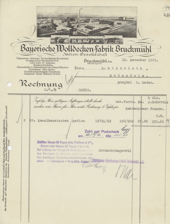 Firma M. Winzrieth (Kaufhaus)an Bayrische Wolldecken-Fabrik AG- Rechnung - 19.12.1929
