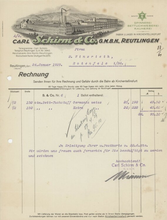Firma M. Winzrieth (Kaufhaus)an Carl Schirm & Co GmbH- Rechnung - 24.01.1929