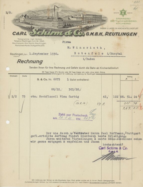 Firma M. Winzrieth (Kaufhaus)an Carl Schirm & Co GmbH- Rechnung - 01.09.1930