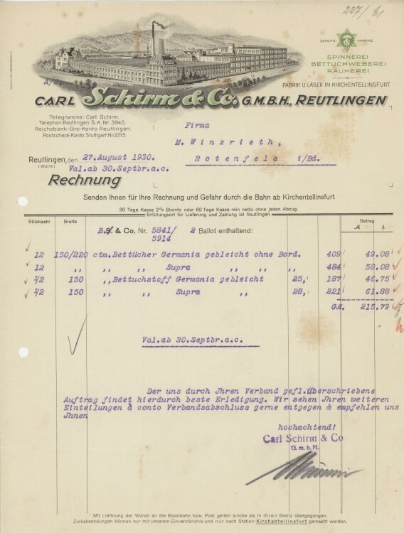 Firma M. Winzrieth (Kaufhaus)an Carl Schirm & Co GmbH- Rechnung - 27.08.1930