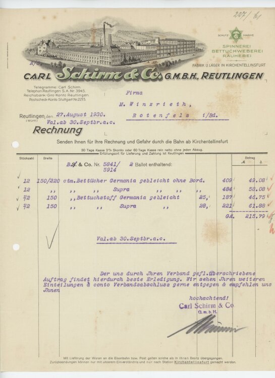 Firma M. Winzrieth (Kaufhaus)an Carl Schirm & Co GmbH- Rechnung - 27.08.1930