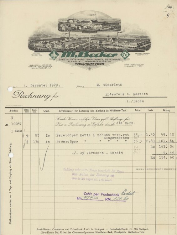 Firma M. Winzrieth (Kaufhaus)an M. Becker SZG- Rechnung - 04.12.1929