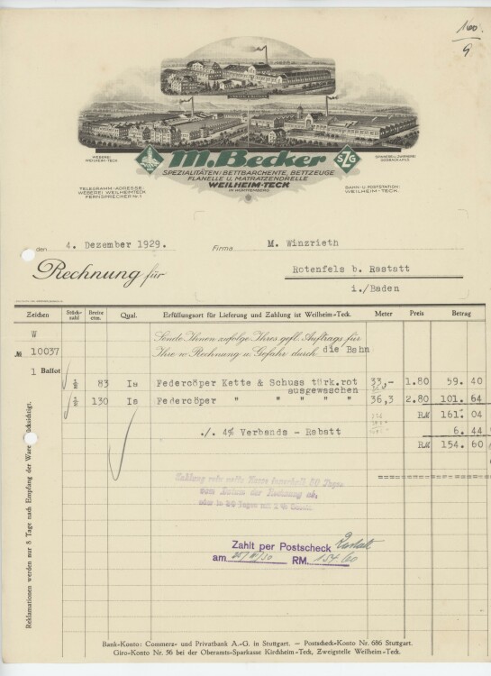 Firma M. Winzrieth (Kaufhaus)an M. Becker SZG- Rechnung - 04.12.1929