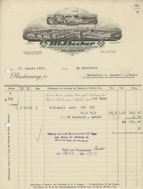 Firma M. Winzrieth (Kaufhaus)an M. Becker SZG- Rechnung - 17.01.1930