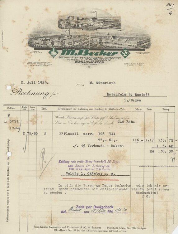 Firma M. Winzrieth (Kaufhaus)an M. Becker SZG- Rechnung - 02.07.1929