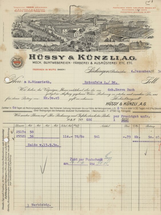 Firma M. Winzrieth (Kaufhaus)an Hüssy & Künzli A.G.- Rechnung - 04.12.1930