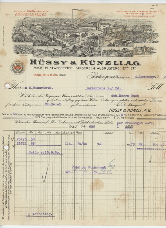 Firma M. Winzrieth (Kaufhaus)an Hüssy & Künzli A.G.- Rechnung - 04.12.1930