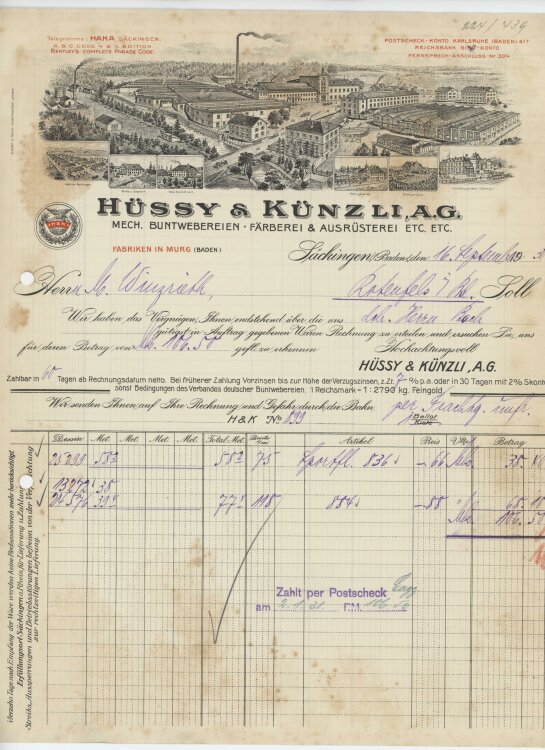Firma M. Winzrieth (Kaufhaus)an Hüssy & Künzli A.G.- Rechnung - 16.09.1930