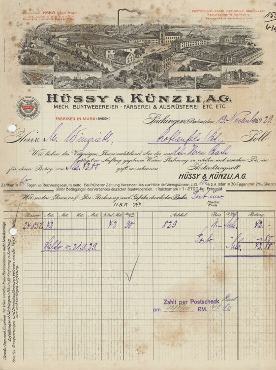 Firma M. Winzrieth (Kaufhaus)an Hüssy & Künzli A.G.- Rechnung - 19.11.1929