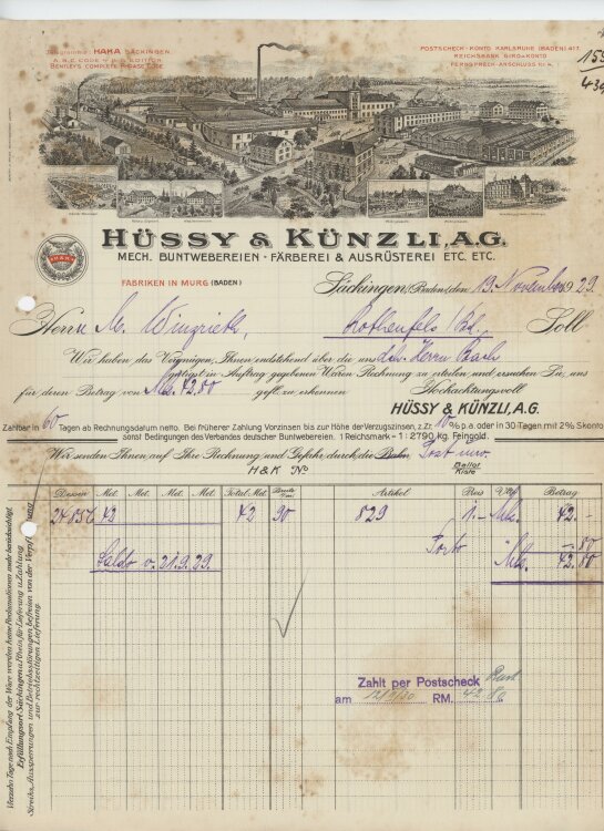 Firma M. Winzrieth (Kaufhaus)an Hüssy & Künzli A.G.- Rechnung - 19.11.1929