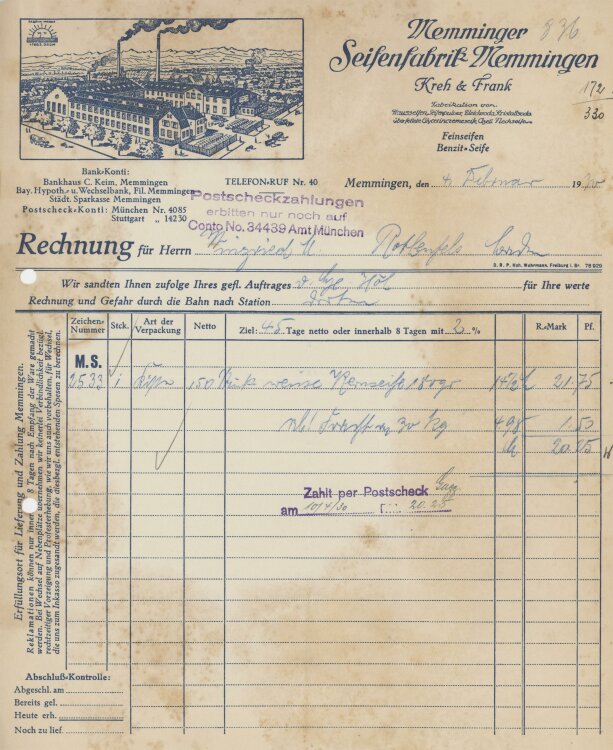 Firma M. Winzrieth (Kaufhaus)an Memminger Seifenfabrik Kreh & Frank- Rechnung - 04.02.1930