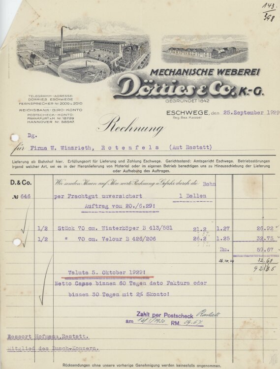Firma M. Winzrieth (Kaufhaus)an Mechanische Weberei Dörries & Co KG- Rechnung - 25.09.1929