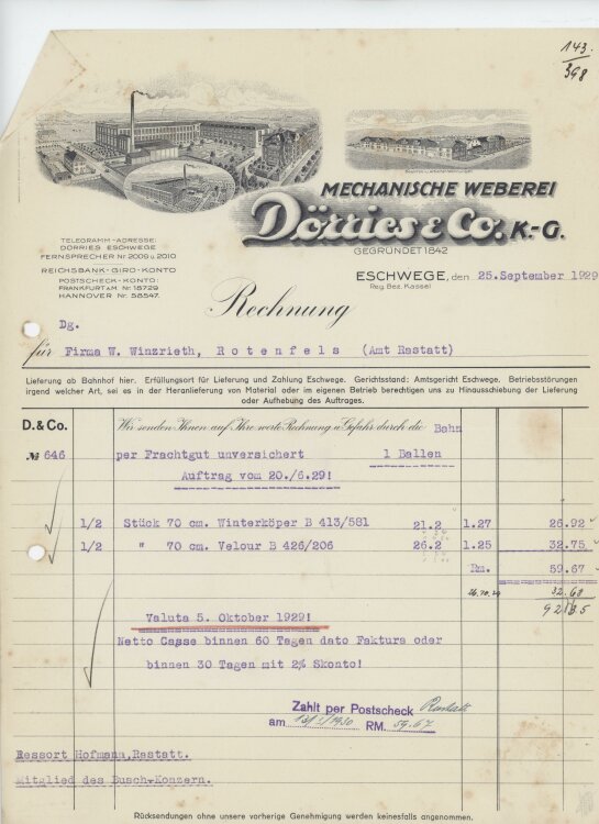 Firma M. Winzrieth (Kaufhaus)an Mechanische Weberei Dörries & Co KG- Rechnung - 25.09.1929