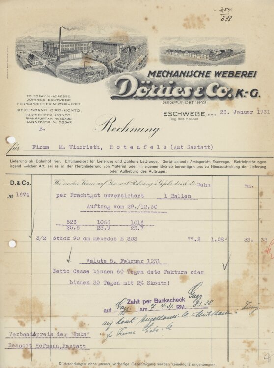 Firma M. Winzrieth (Kaufhaus)an Mechanische Weberei Dörries & Co KG- Rechnung - 23.01.1931