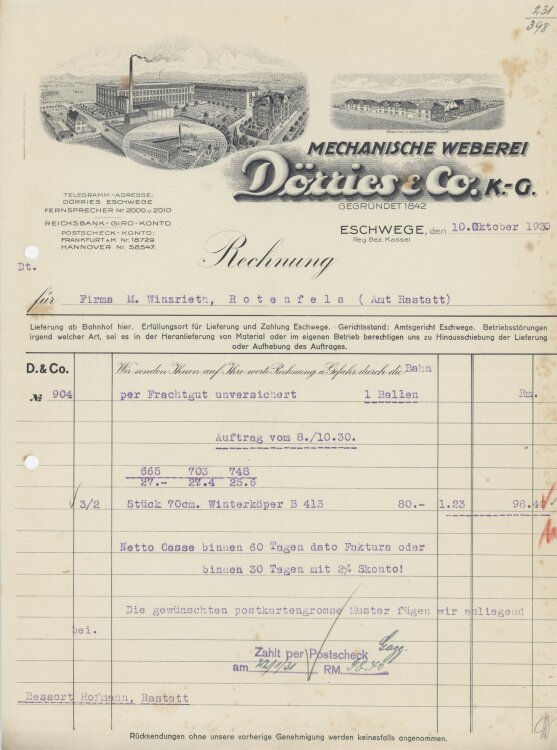 Firma M. Winzrieth (Kaufhaus)an Mechanische Weberei Dörries & Co KG- Rechnung - 10.10.1930
