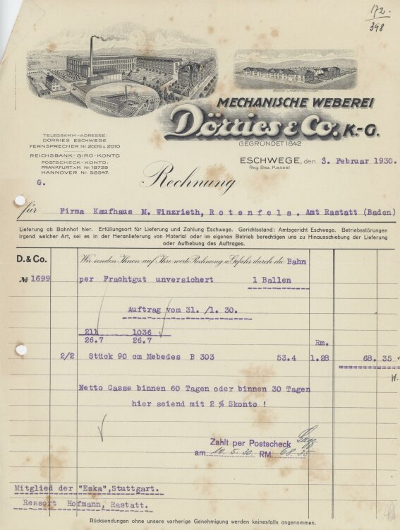 Firma M. Winzrieth (Kaufhaus)an Mechanische Weberei Dörries & Co KG- Rechnung - 03.02.1930
