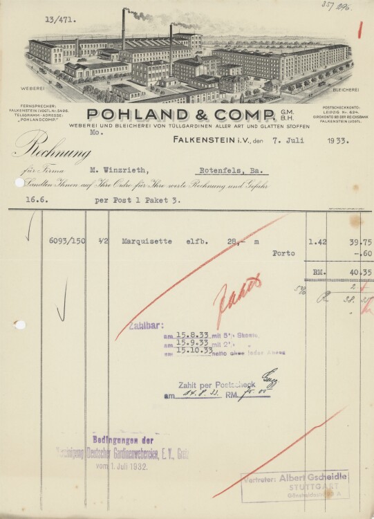 Firma M. Winzrieth (Kaufhaus)an Pohland & Comp. GmbH- Rechnung - 07.07.1933