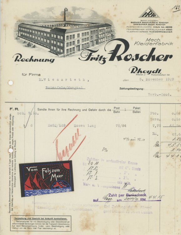 Firma M. Winzrieth (Kaufhaus)an Fritz Roscher Mechanische Kleiderfabrik- Rechnung - 05.11.1929