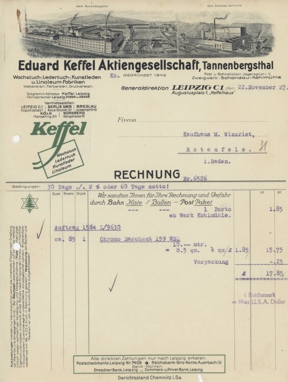 Firma M. Winzrieth (Kaufhaus)an Eduard Keffel Aktiengesellschaft- Rechnung - 22.11.1927