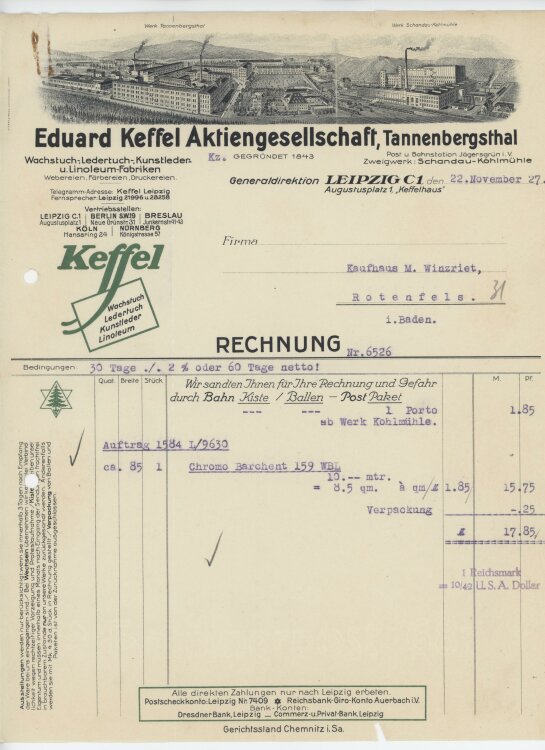 Firma M. Winzrieth (Kaufhaus)an Eduard Keffel Aktiengesellschaft- Rechnung - 22.11.1927