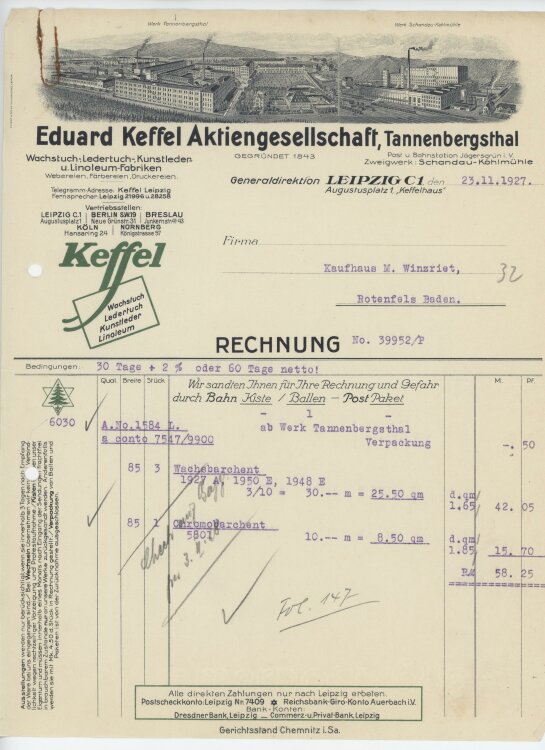 Firma M. Winzrieth (Kaufhaus)an Eduard Keffel...
