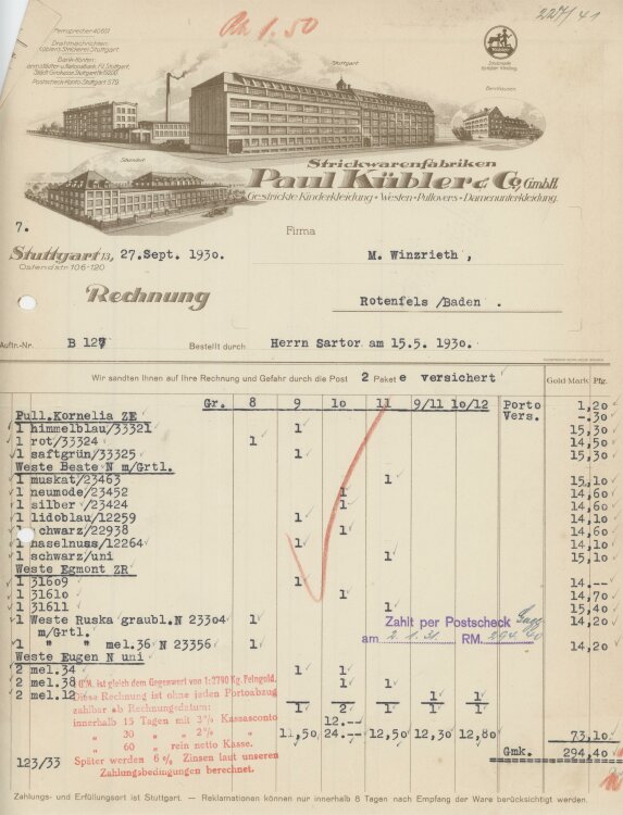 Firma M. Winzrieth (Kaufhaus)an Paul Kübler & Co GmbH- Rechnung - 15.05.1930