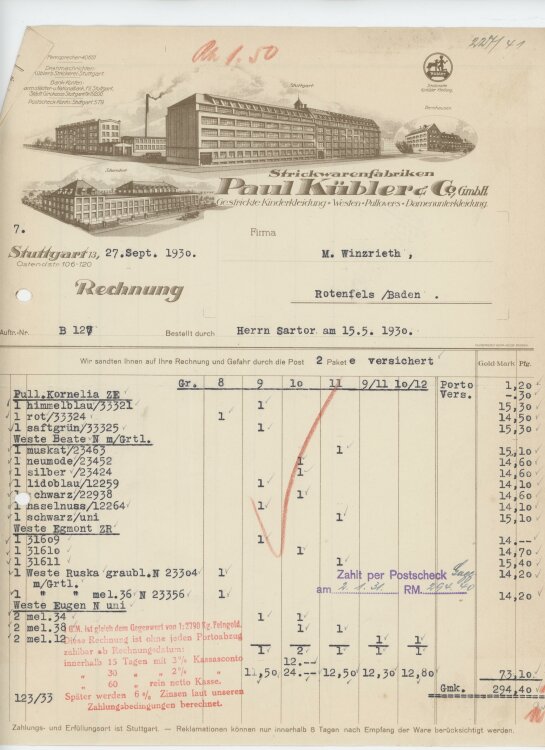 Firma M. Winzrieth (Kaufhaus)an Paul Kübler & Co GmbH- Rechnung - 15.05.1930