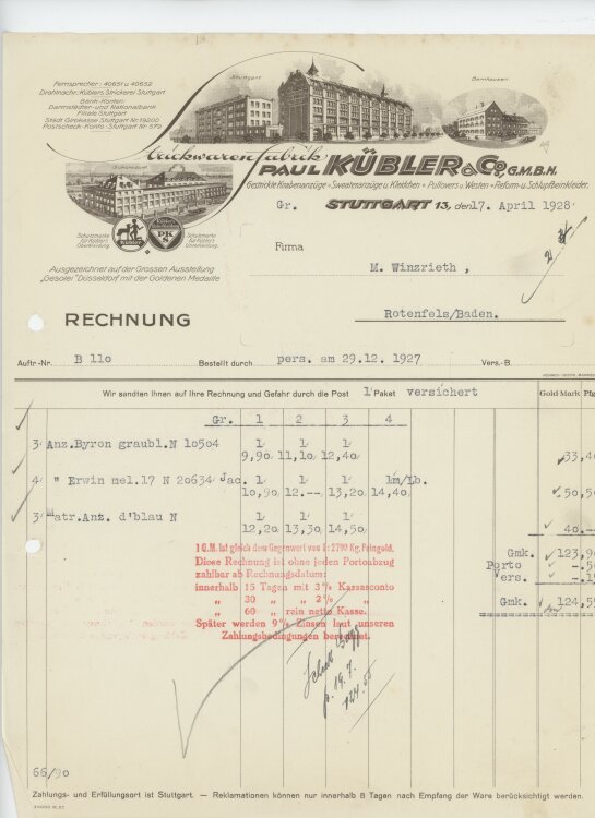 Firma M. Winzrieth (Kaufhaus)an Paul Kübler & Co GmbH- Rechnung - 29.12.1927