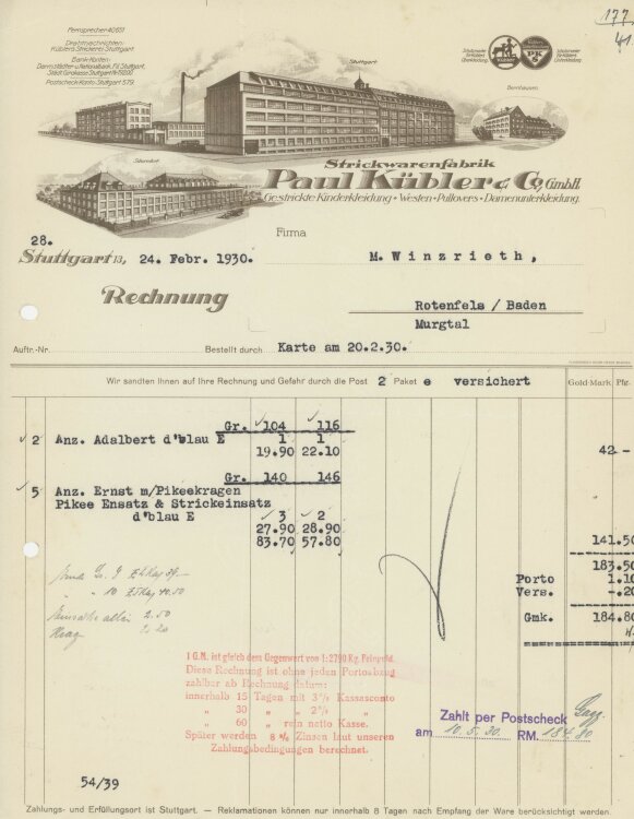 Firma M. Winzrieth (Kaufhaus)an Paul Kübler & Co GmbH- Rechnung - 24.02.1930