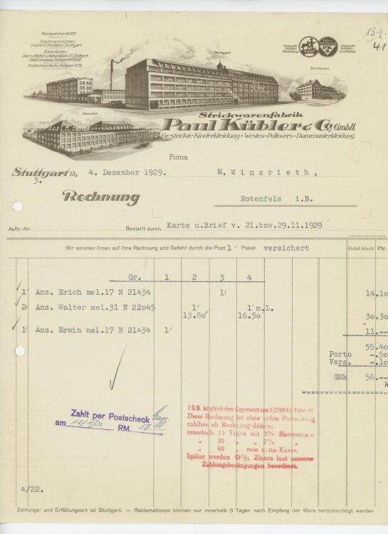 Firma M. Winzrieth (Kaufhaus)an Paul Kübler & Co GmbH- Rechnung - 04.12.1929