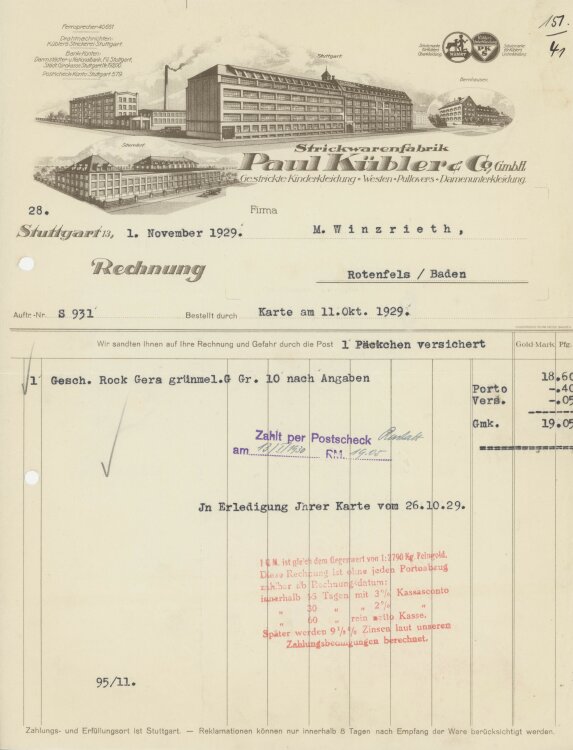 Firma M. Winzrieth (Kaufhaus)an Paul Kübler & Co GmbH- Rechnung - 01.11.1929